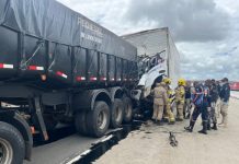 Acidente na BR-101: caminhão-baú colide com carreta e motorista fica preso nas ferragens